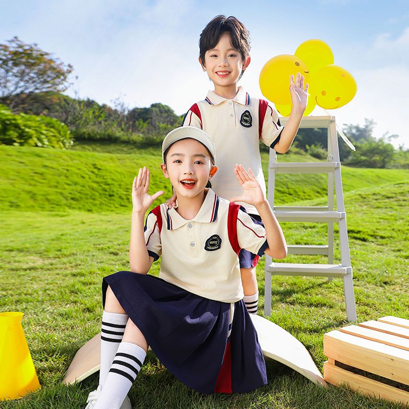 Primary school students in summer pure cotton stripes matching and customized badge school uniform short