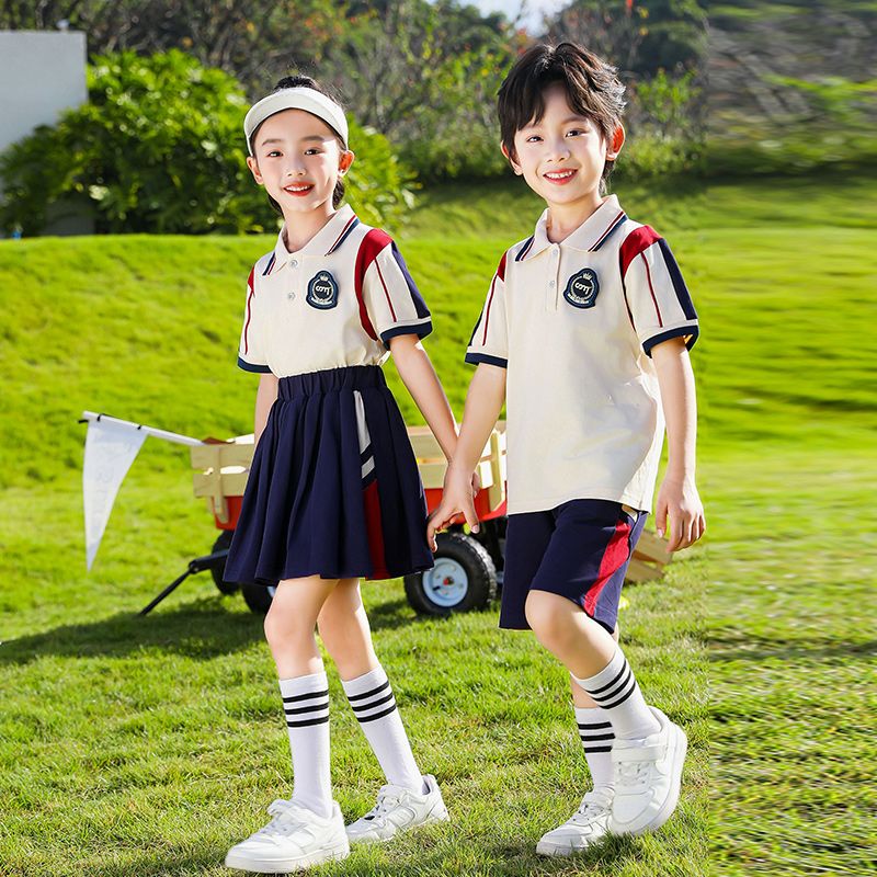 Primary school students in summer pure cotton stripes matching and customized badge school uniform short