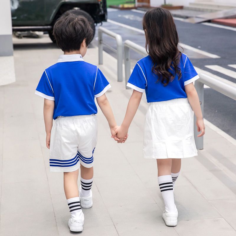 Summer pure cotton stripes matched with the custom badge school uniform children