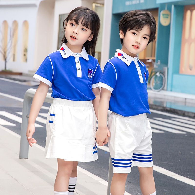 Summer pure cotton stripes matched with the custom badge school uniform children