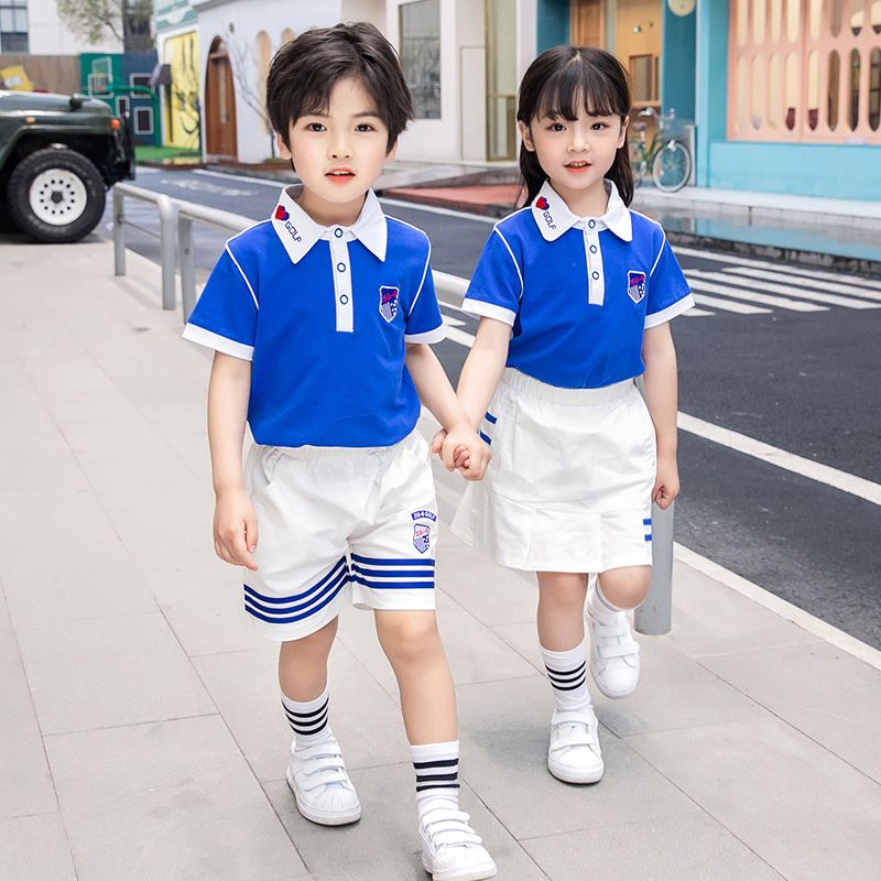 Summer pure cotton stripes matched with the custom badge school uniform children