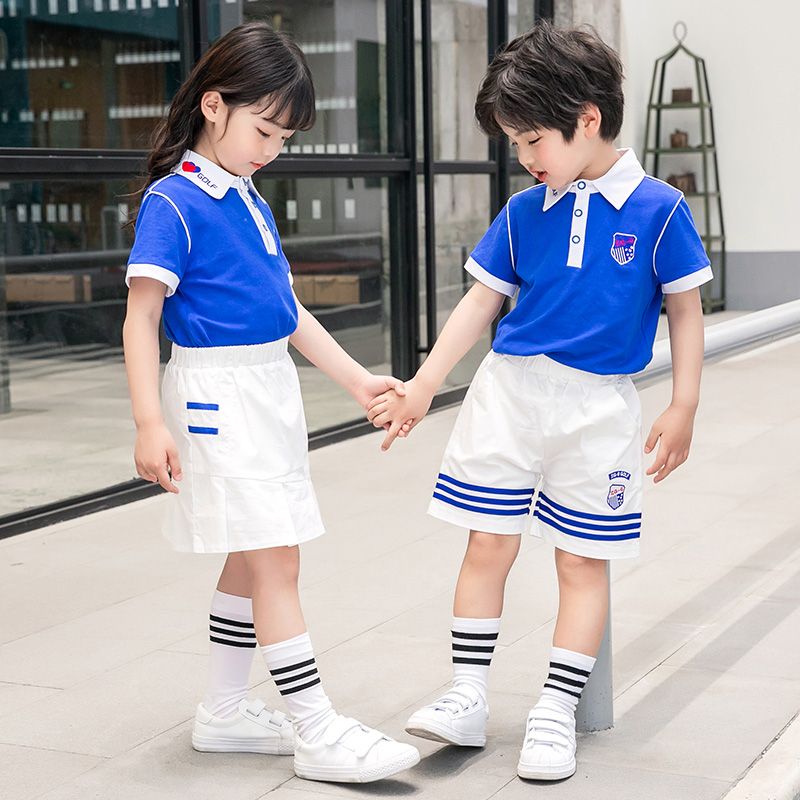 Summer pure cotton stripes matched with the custom badge school uniform children