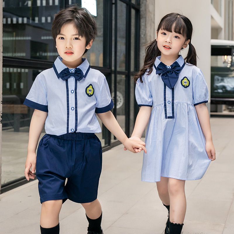 Summer cotton stripes matching badge school uniform children's set