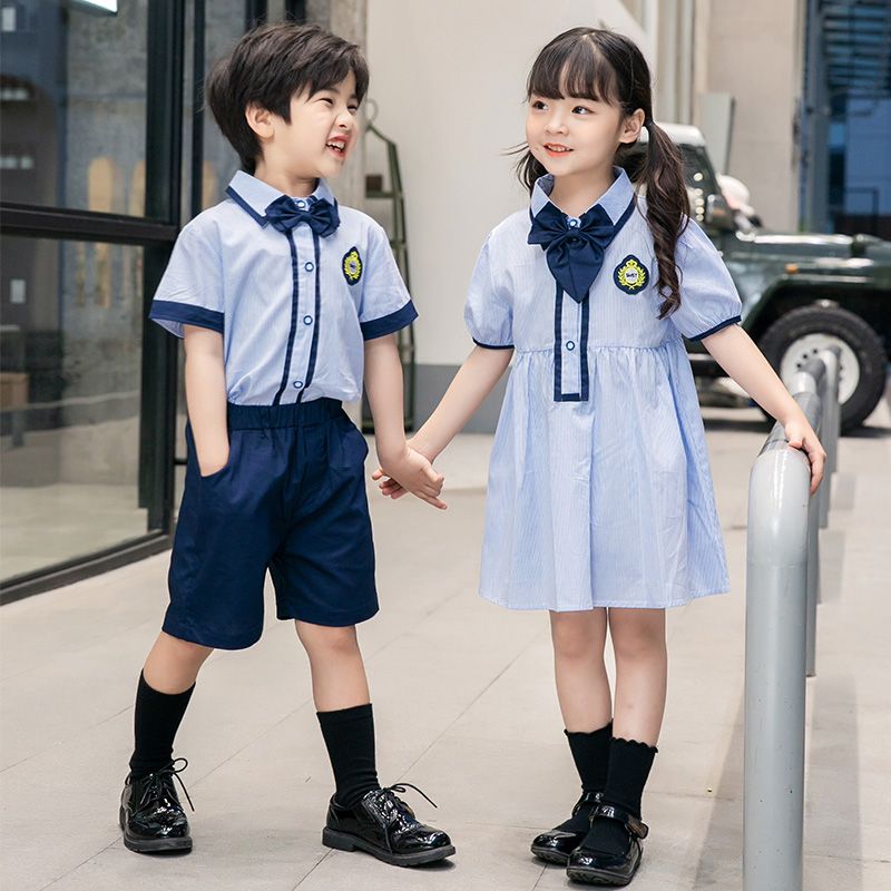 Summer cotton stripes matching badge school uniform children's set