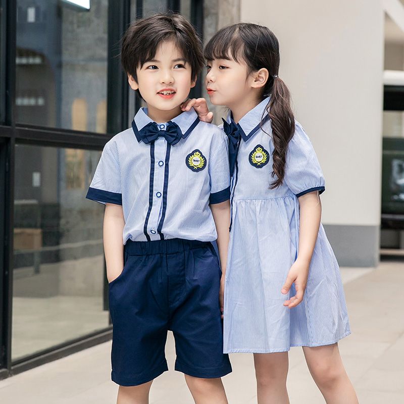 Summer cotton stripes matching badge school uniform children's set