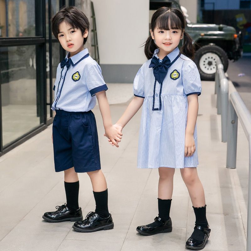 Summer cotton stripes matching badge school uniform children's set