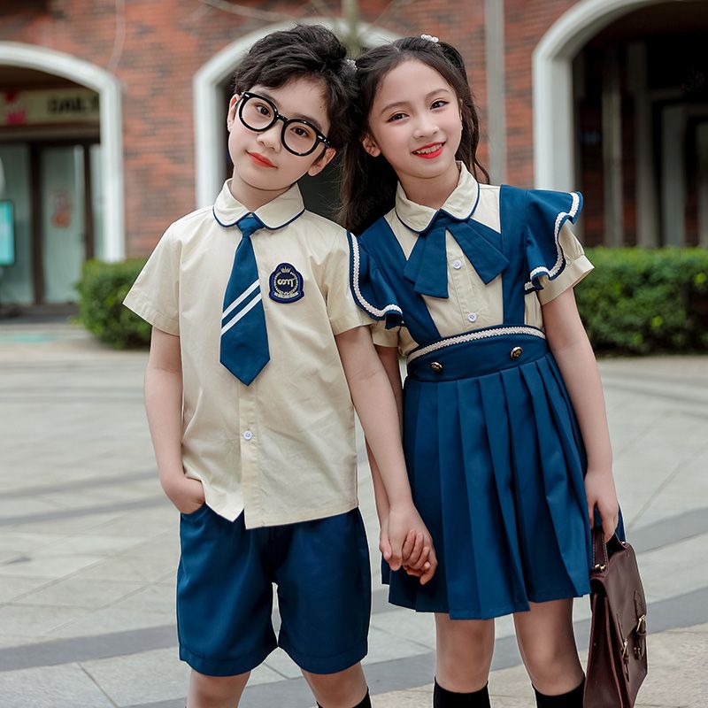 Summer pure cotton stripes matching badge school uniform children's two -piece set