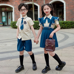 Summer pure cotton stripes matching badge school uniform children's two -piece set