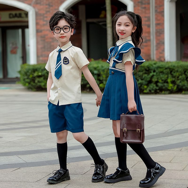 Summer pure cotton stripes matching badge school uniform children's two -piece set