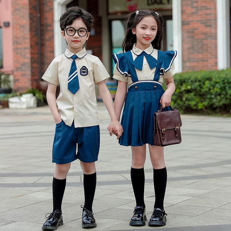 Summer pure cotton stripes matching badge school uniform children's two -piece set