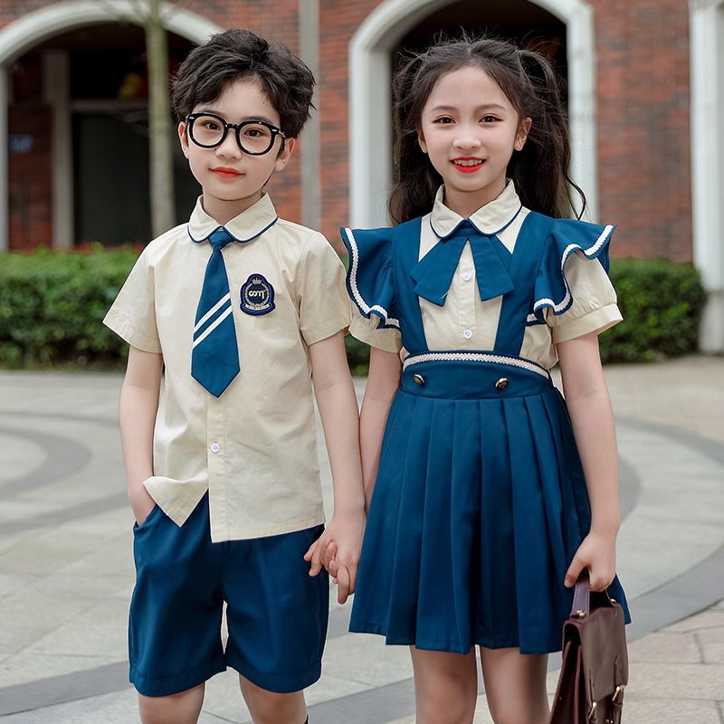 Summer pure cotton stripes matching badge school uniform children's two -piece set