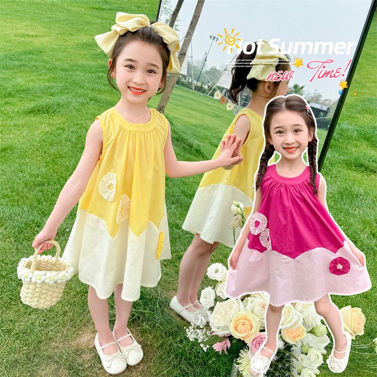 Girls' Summer Sleeveless Kids Dress Pink and White Floral Sundress with Ruffle Trim