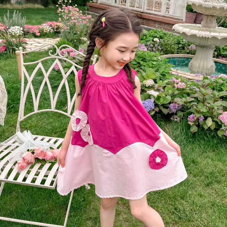 Girls' Summer Sleeveless Kids Dress Pink and White Floral Sundress with Ruffle Trim