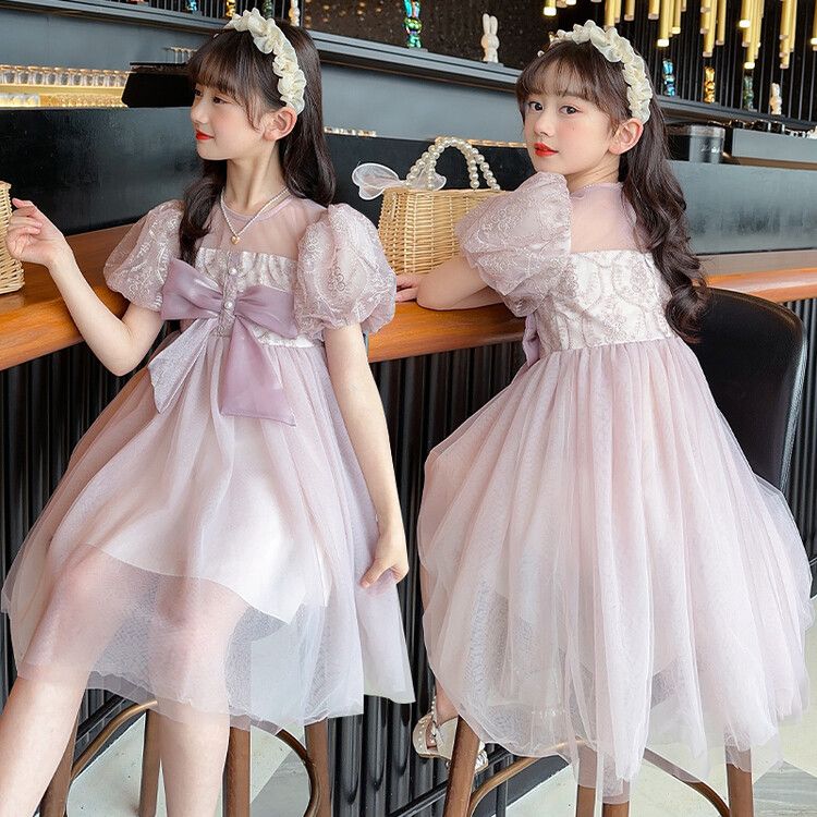 Girls' Elegant Tulle Kids Dress with Sequin Bodice Puffy Sleeves and Big Bow Accent for Special Occasions