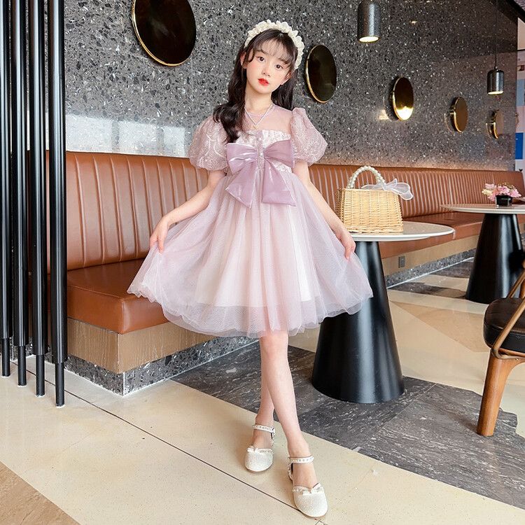 Girls' Elegant Tulle Kids Dress with Sequin Bodice Puffy Sleeves and Big Bow Accent for Special Occasions