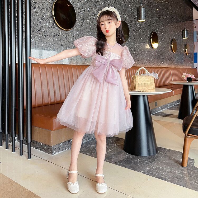 Girls' Elegant Tulle Kids Dress with Sequin Bodice Puffy Sleeves and Big Bow Accent for Special Occasions