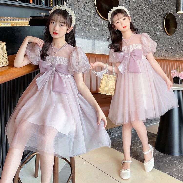 Girls' Elegant Tulle Kids Dress with Sequin Bodice Puffy Sleeves and Big Bow Accent for Special Occasions