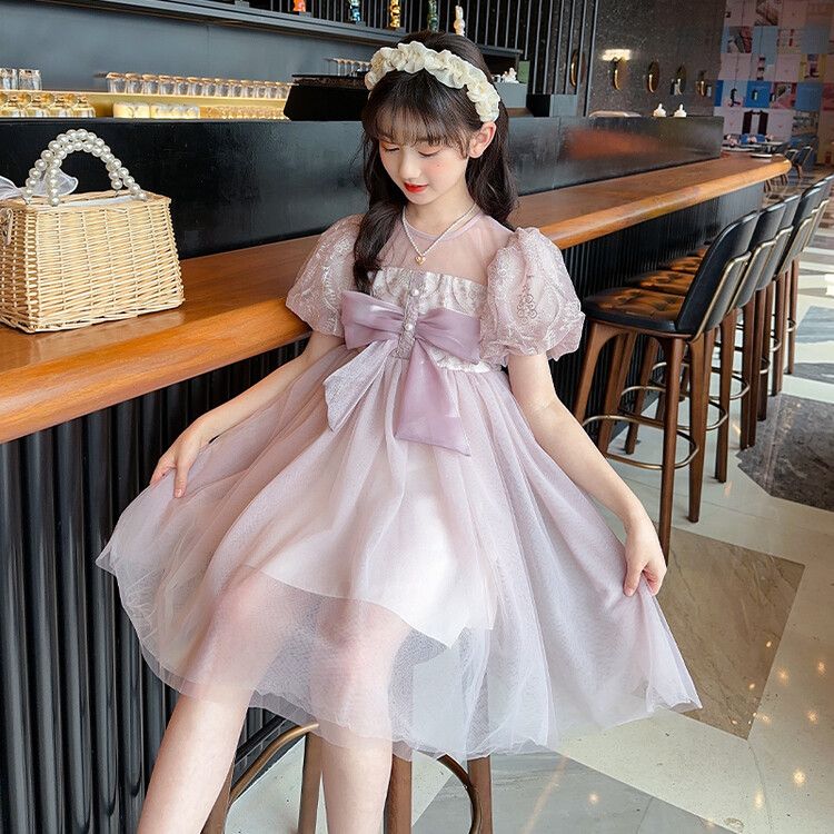 Girls' Elegant Tulle Kids Dress with Sequin Bodice Puffy Sleeves and Big Bow Accent for Special Occasions