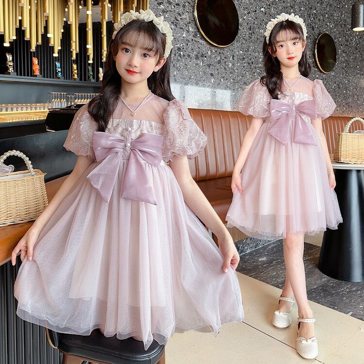 Girls' Elegant Tulle Kids Dress with Sequin Bodice Puffy Sleeves and Big Bow Accent for Special Occasions