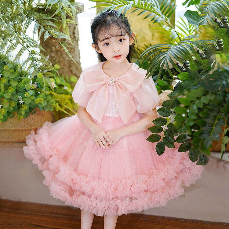 Girls' Princess Pink Tulle Kids Dress Puff Sleeves with Big Bow and Ruffled Hem for Special Occasions