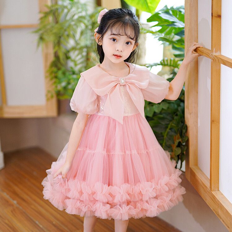 Girls' Princess Pink Tulle Kids Dress Puff Sleeves with Big Bow and Ruffled Hem for Special Occasions