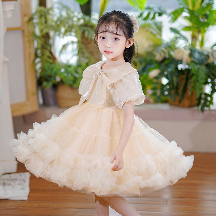 Girls' Princess Pink Tulle Kids Dress Puff Sleeves with Big Bow and Ruffled Hem for Special Occasions