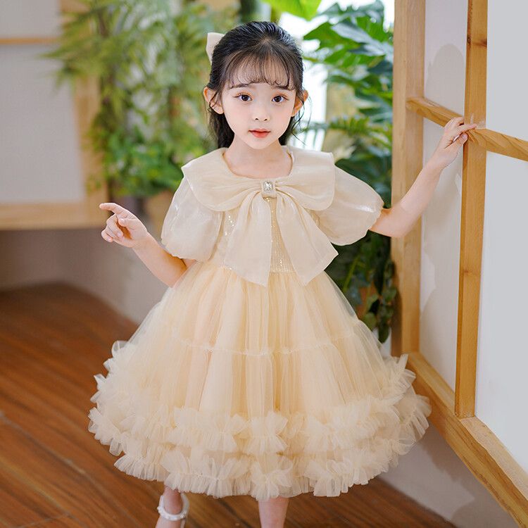 Girls' Princess Pink Tulle Kids Dress Puff Sleeves with Big Bow and Ruffled Hem for Special Occasions