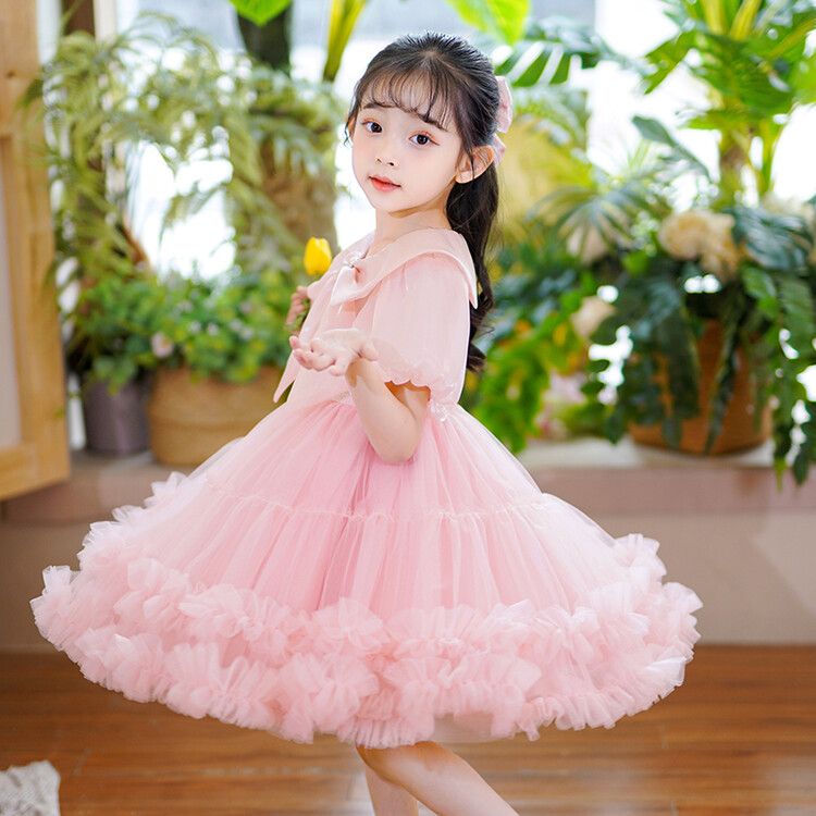 Girls' Princess Pink Tulle Kids Dress Puff Sleeves with Big Bow and Ruffled Hem for Special Occasions