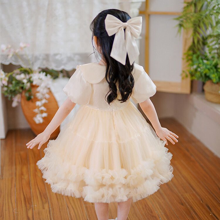 Girls' Princess Pink Tulle Kids Dress Puff Sleeves with Big Bow and Ruffled Hem for Special Occasions