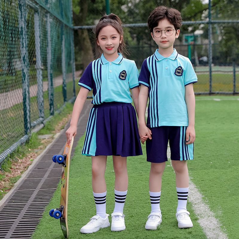 Class service summer pure cotton stripes matching and customized badge school uniform two -piece set