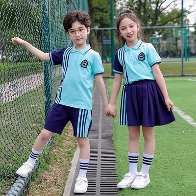 Class service summer pure cotton stripes matching and customized badge school uniform two -piece set