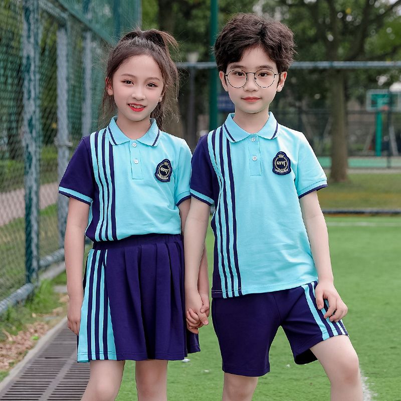 Class service summer pure cotton stripes matching and customized badge school uniform two -piece set