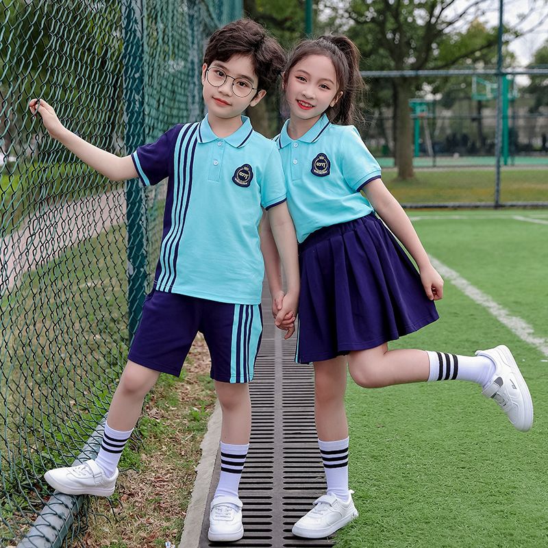 Class service summer pure cotton stripes matching and customized badge school uniform two -piece set