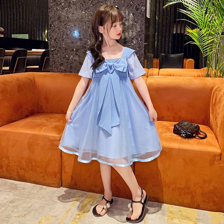 Girls' Blue Bowknot Kids Dress Sleeve Tulle Dress with Elegant Bow Design. Perfect for Daily Wear, Birthday Parties