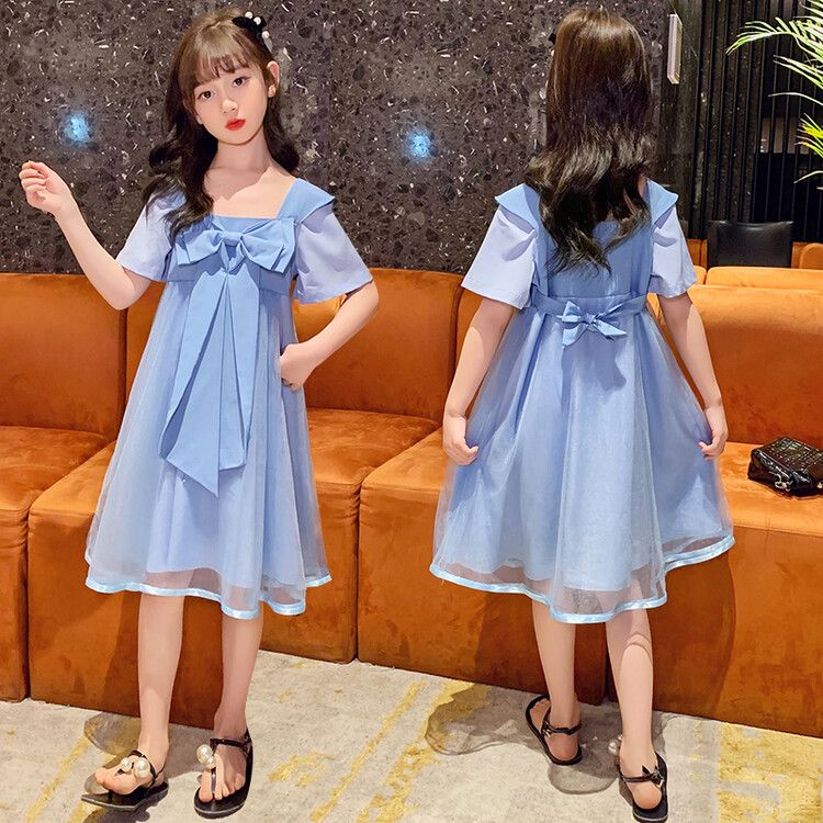 Girls' Blue Bowknot Kids Dress Sleeve Tulle Dress with Elegant Bow Design. Perfect for Daily Wear, Birthday Parties