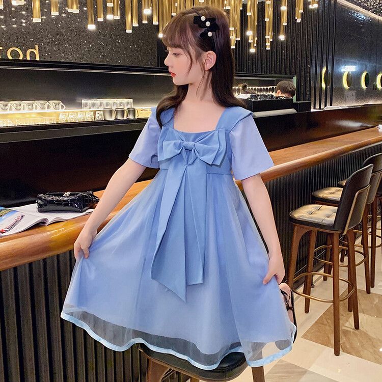 Girls' Blue Bowknot Kids Dress Sleeve Tulle Dress with Elegant Bow Design. Perfect for Daily Wear, Birthday Parties