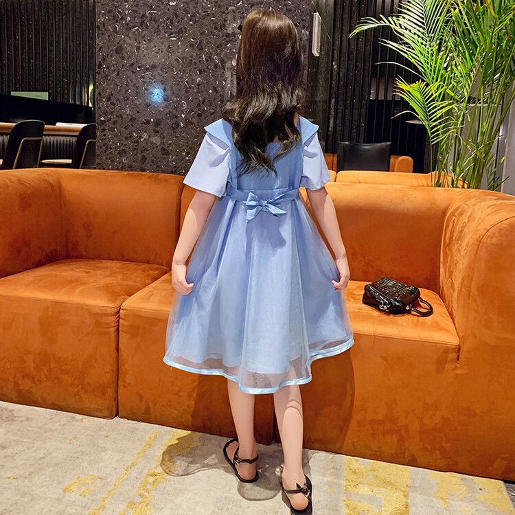 Girls' Blue Bowknot Kids Dress Sleeve Tulle Dress with Elegant Bow Design. Perfect for Daily Wear, Birthday Parties