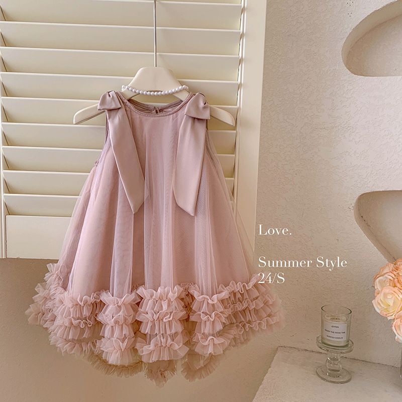 Girls' Summer Tulle Kids Dress Sleeveless Ruffled Hem Dress with Bow Accents, Parties and Special Occasions