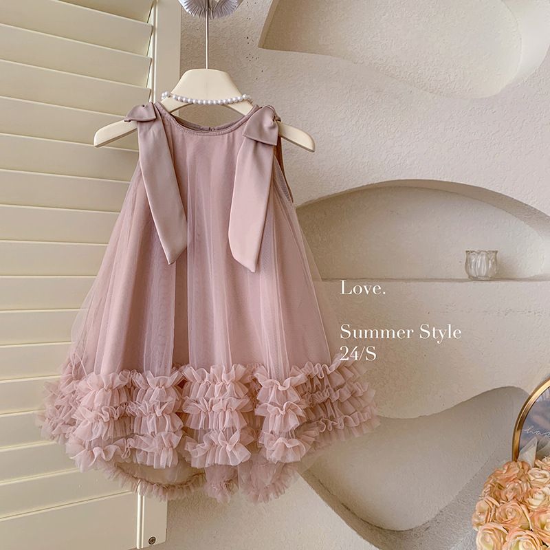 Girls' Summer Tulle Kids Dress Sleeveless Ruffled Hem Dress with Bow Accents, Parties and Special Occasions