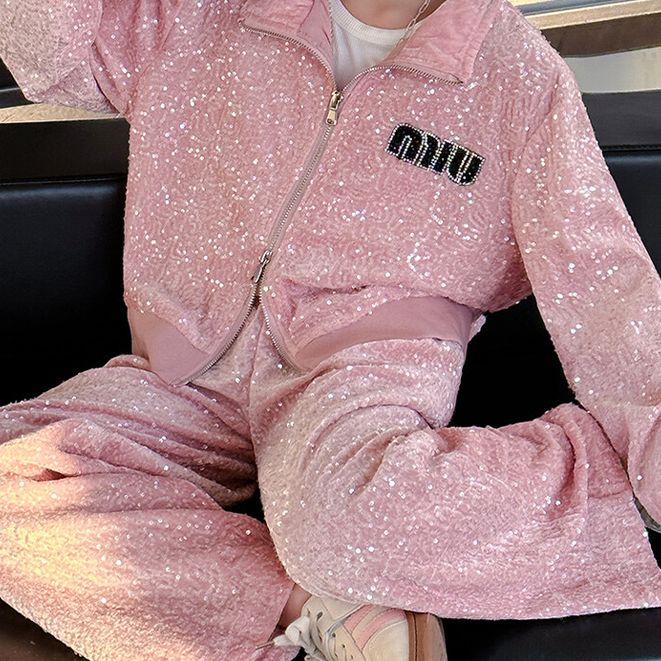 Sparkly Sequined Tracksuit Set for Girls Two-Piece Set Long-Sleeve Jacket and Pants, Fashionable and Comfortable Casual Wear