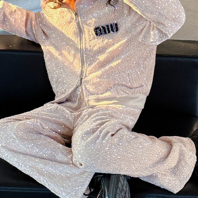 Sparkly Sequined Tracksuit Set for Girls Two-Piece Set Long-Sleeve Jacket and Pants, Fashionable and Comfortable Casual Wear