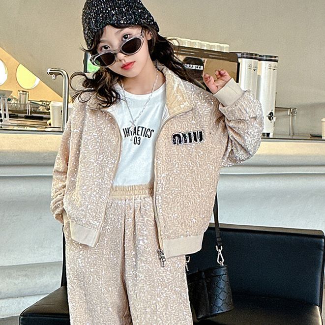 Sparkly Sequined Tracksuit Set for Girls Two-Piece Set Long-Sleeve Jacket and Pants, Fashionable and Comfortable Casual Wear