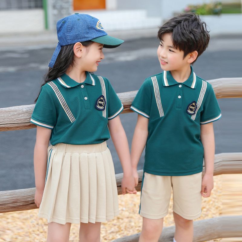 Summer pure cotton stripes matching and customized badge school uniform children's clothing class service