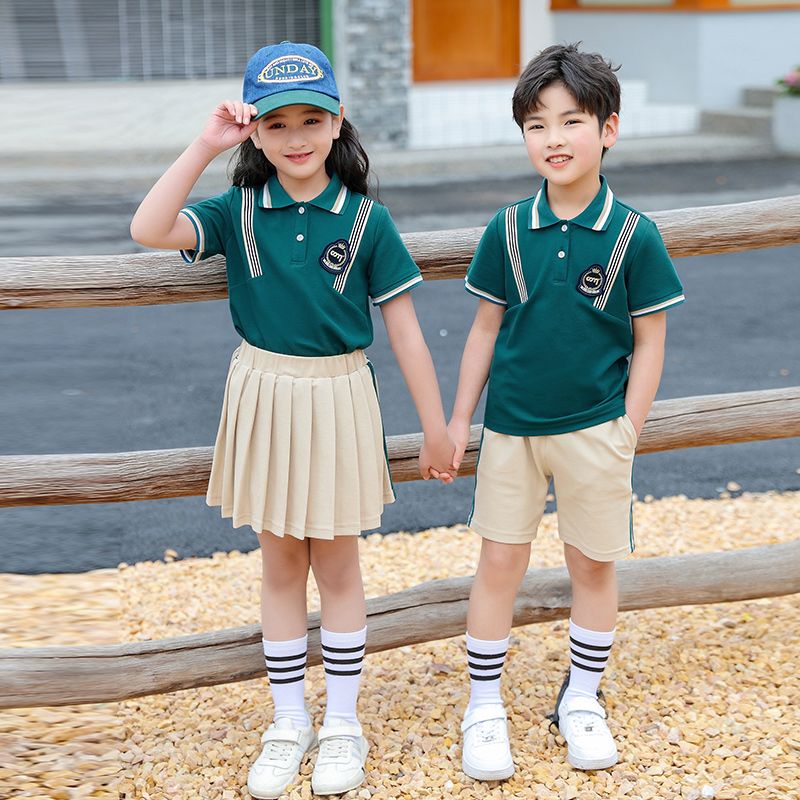 Summer pure cotton stripes matching and customized badge school uniform children's clothing class service