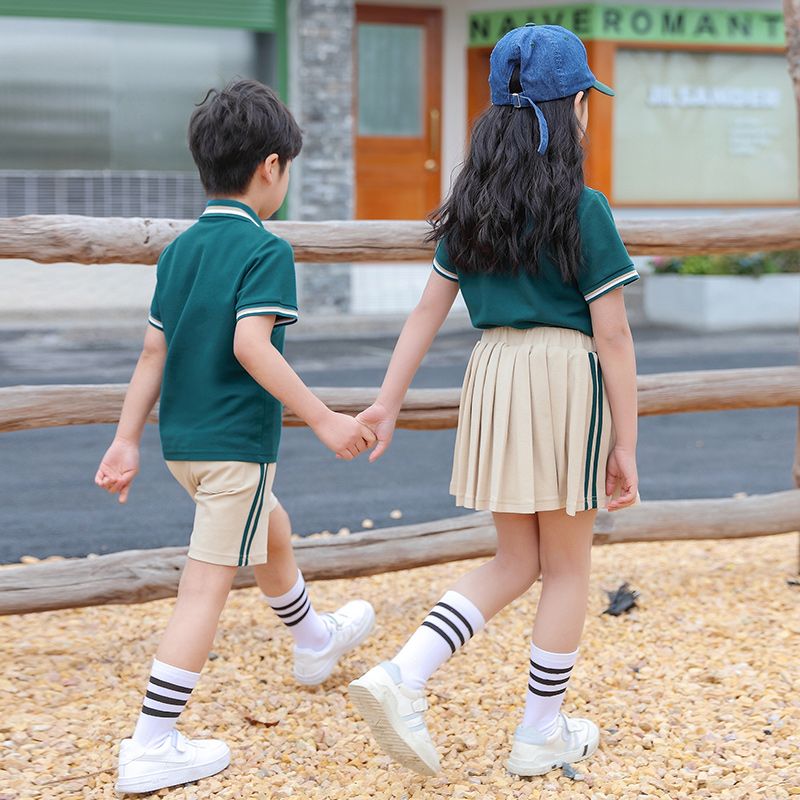 Summer pure cotton stripes matching and customized badge school uniform children's clothing class service