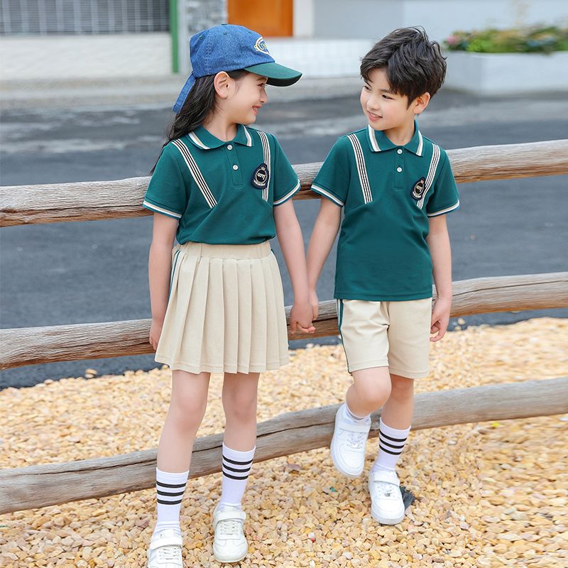 Summer pure cotton stripes matching and customized badge school uniform children's clothing class service