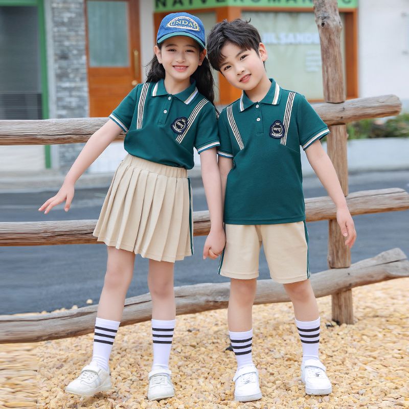 Summer pure cotton stripes matching and customized badge school uniform children's clothing class service