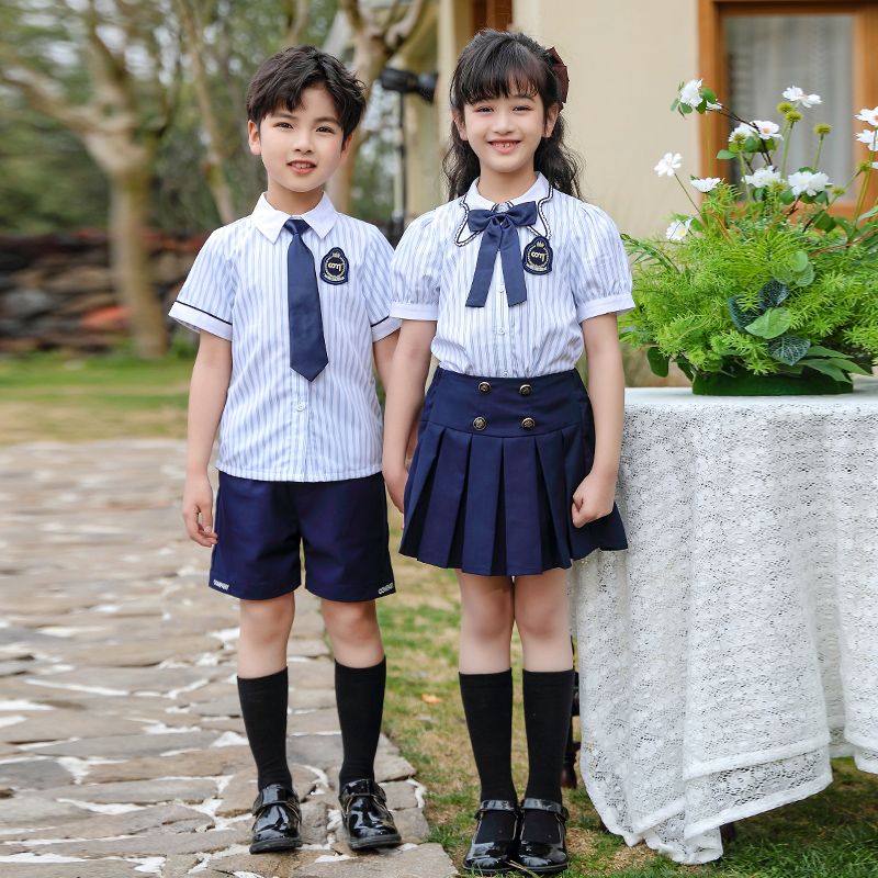 Summer pure cotton stripes matching and custom badge school uniform children's clothing class uniforms refreshing