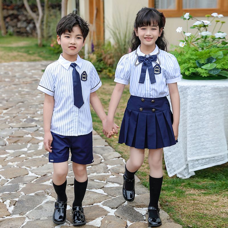 Summer pure cotton stripes matching and custom badge school uniform children's clothing class uniforms refreshing