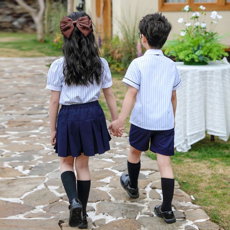 Summer pure cotton stripes matching and custom badge school uniform children's clothing class uniforms refreshing